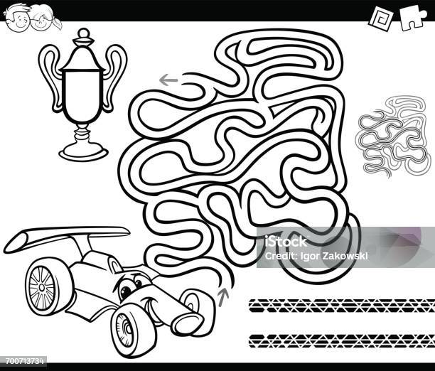 Maze With Race Car Coloring Page Stock Illustration - Download Image Now - Maze, Racecar, Child