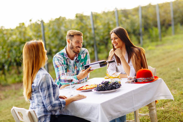 istock Group of young people drinking wine in vineyard 700718014