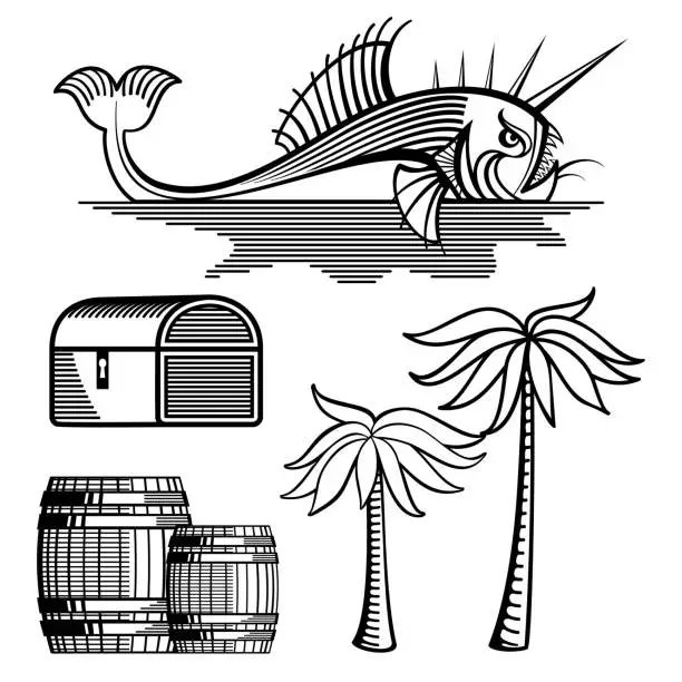 Vector illustration of Fish, treasure chest, barrels and palm tree