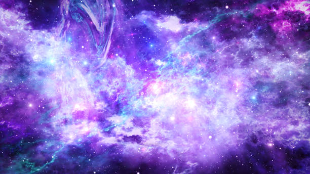 wszechświat z galaktyką, gwiazdami i kolorowymi mgławicami na ilustracji 3d w ciemnym gwiaździstym tle - flocked zdjęcia i obrazy z banku zdjęć
