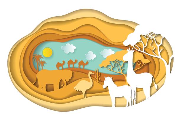 ilustrações de stock, clip art, desenhos animados e ícones de paper art carving of landscape with african animals. - giraffe pattern africa animal