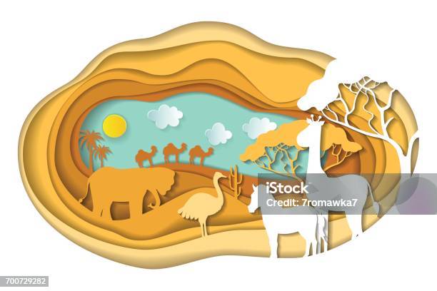 Paper Art Carving Of Landscape With African Animals Stock Illustration - Download Image Now