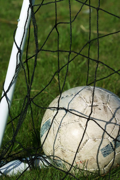 istock Soccer ball on and grid n grass 700742920