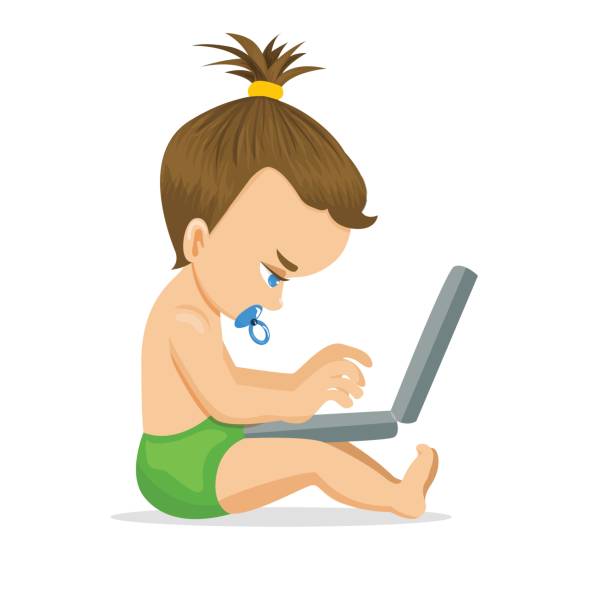 illustrazioni stock, clip art, cartoni animati e icone di tendenza di bambina che usa il computer portatile - computer keyboard white caucasian white background