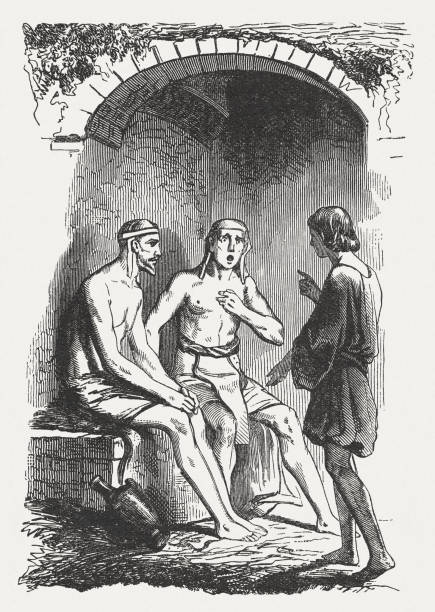 ilustrações de stock, clip art, desenhos animados e ícones de joseph interprets two prisoners' dreams (genesis 40), published in 1886 - joseph