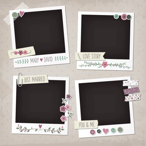 Wedding vintage scrapbook elements. Vintage scrapbook set of photo frames with flowers, laurels, wreaths, stickers, washi tapes, buttons. Wedding scrapbook elements. scrapbook stock illustrations