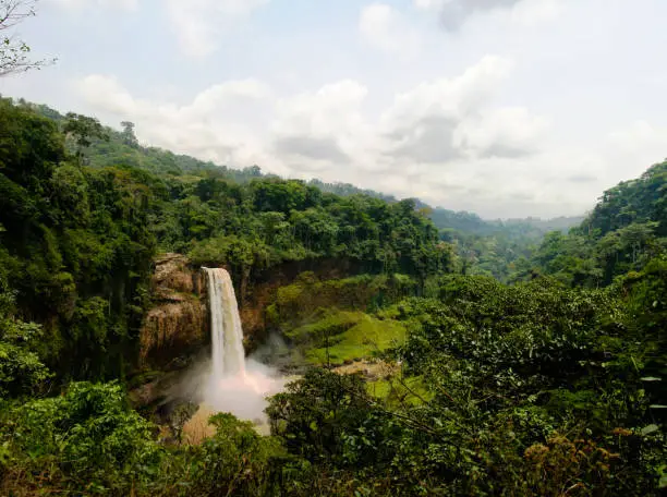 Panorama of main cascade of Ekom waterfall at Nkam river, Cameroon
