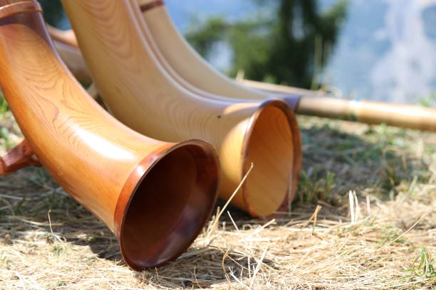 International Festival of Alphorn in Nendaz International competition in alphorn playing took place on 25th July 2015 in Nendaz, Switzerland. The competitors executed solo and polyfony compositions. Despite alphorn is not easy to play everybody stayed focused till the end and tried to improvise when required. The performance combined with scenic landscape of Swiss Alps created unforgettable experience. alpenhorn stock pictures, royalty-free photos & images