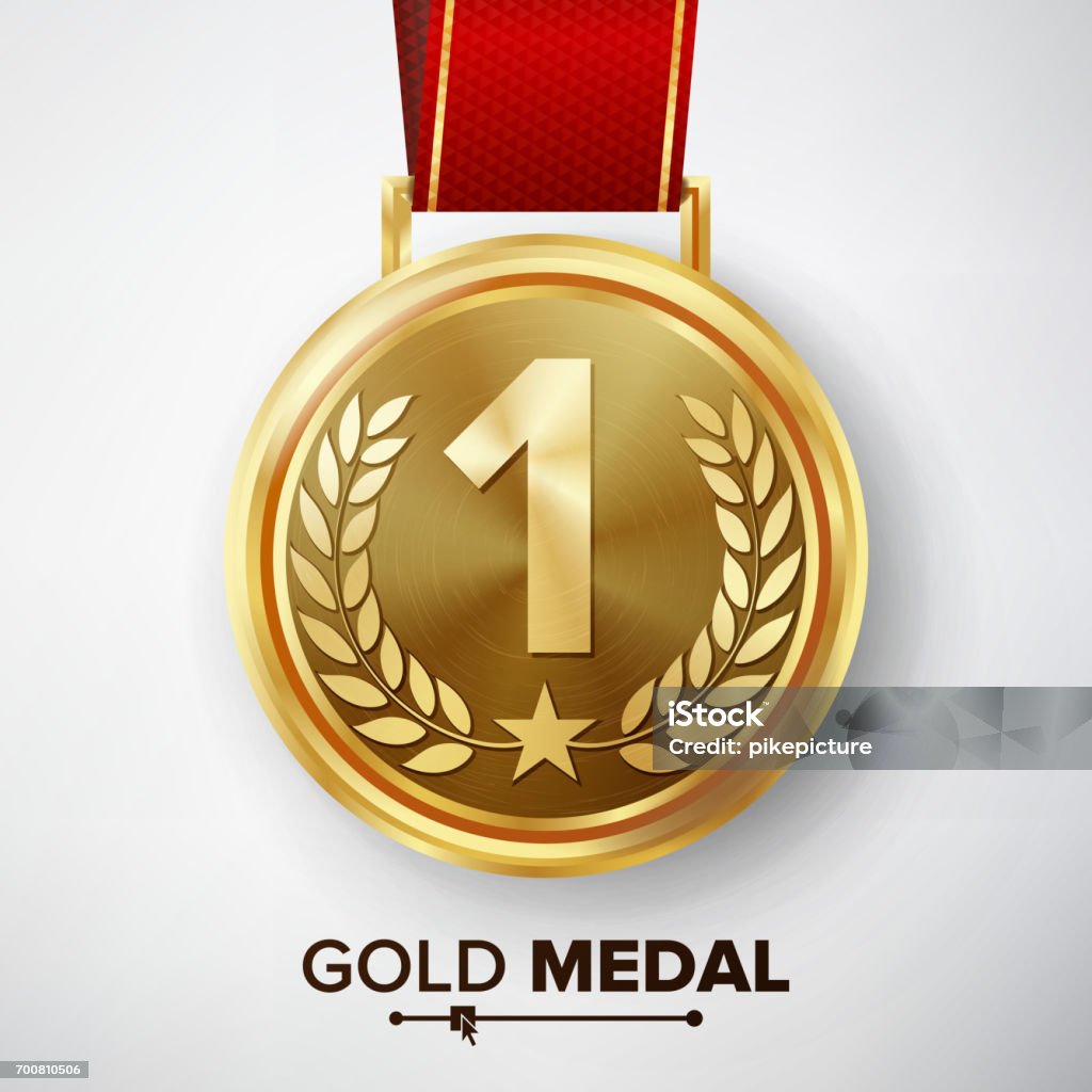 Gold Medal Vector. Metal Realistic First Placement Achievement. Round Medal With Red Ribbon, Relief Detail Of Laurel Wreath And Star. Competition Game Golden Achievement. Winner Trophy Award Gold Medal Vector. Metal Realistic First Placement Achievement. Round Medal With Red Ribbon, Relief Detail Of Laurel Wreath And Star. Competition Game Golden Achievement. Achievement stock vector