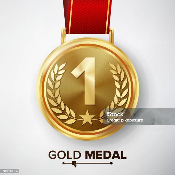 Gold Medal Vector Metal Realistic First Placement Achievement Round Medal With Red Ribbon Relief Detail Of Laurel Wreath And Star Competition Game Golden Achievement Winner Trophy Award Stock Illustration - Download Image Now