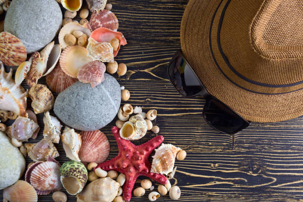 istock Beach accessories on wooden board 700810960