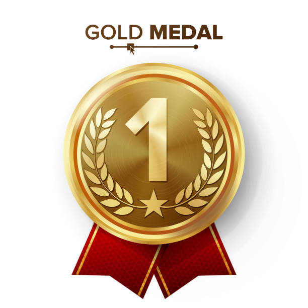 金 1 位はメダル ベクトルです。配置の最初の成果と金属の現実的なバッジ。赤いリボン、月桂樹のリース、星丸いラベル。勝者の名誉賞を受賞。競争ゲーム黄金の優勝トロフィー賞 - gold medal medal ribbon trophy点のイラスト素材／クリップアート素材／マンガ素材／アイコン素材