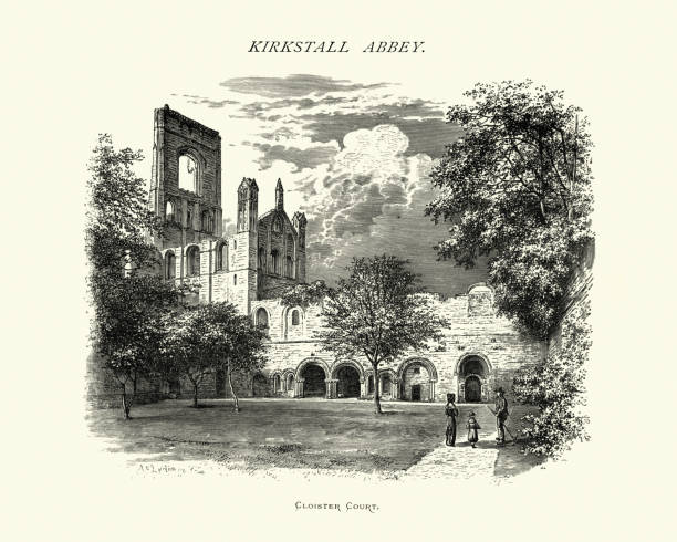 Cloister Court of Abbey of Kirkstall, West Yorkshire, 19th Century Vintange illustration of the Cistercian Abbey of Kirkstall, West Yorkshire, 19th Century. Kirkstall Abbey is a ruined Cistercian monastery in Kirkstall, north-west of Leeds city centre in West Yorkshire, England. It is set in a public park on the north bank of the River Aire. It was founded c.1152. cloister stock illustrations