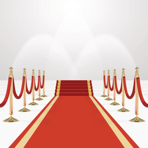 Red carpet on stairs Red carpet on stairs. Empty white illuminated podium. Blank template illustration with space for an object, person, , text. Presentation, gala, ceremony, awards concept. red carpet stock illustrations