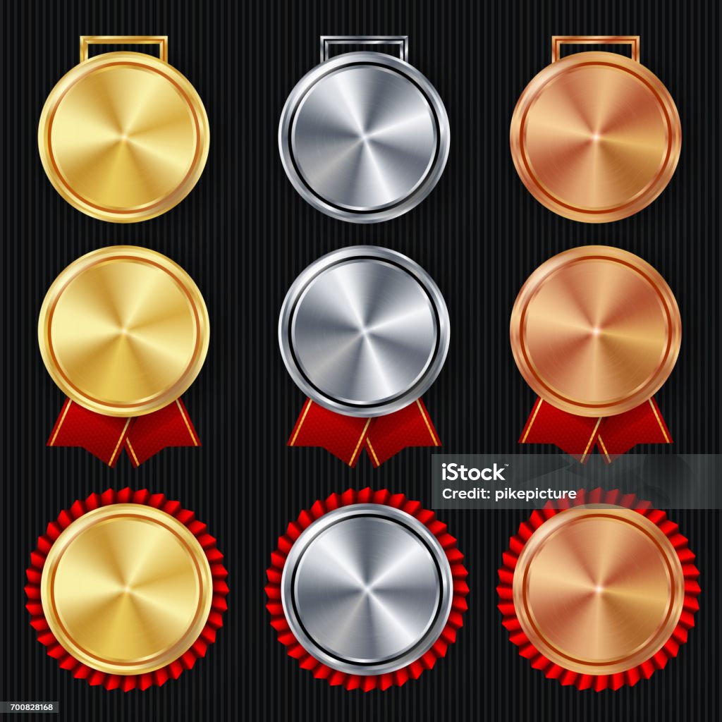 Medals Blank Set Vector. Realistic First, Second Third Placement Prize. Classic Empty Medals Concept. Red Ribbon. Sport Game Golden, Silver, Bronze Achievement Template. Honor Prize. Challenge Award Medals Blank Set Vector. Realistic First, Second Third Placement Prize. Classic Empty Medals Concept. Red Ribbon. Sport Game Golden, Silver, Bronze Achievement Template. Honor Prize. Platinum stock vector