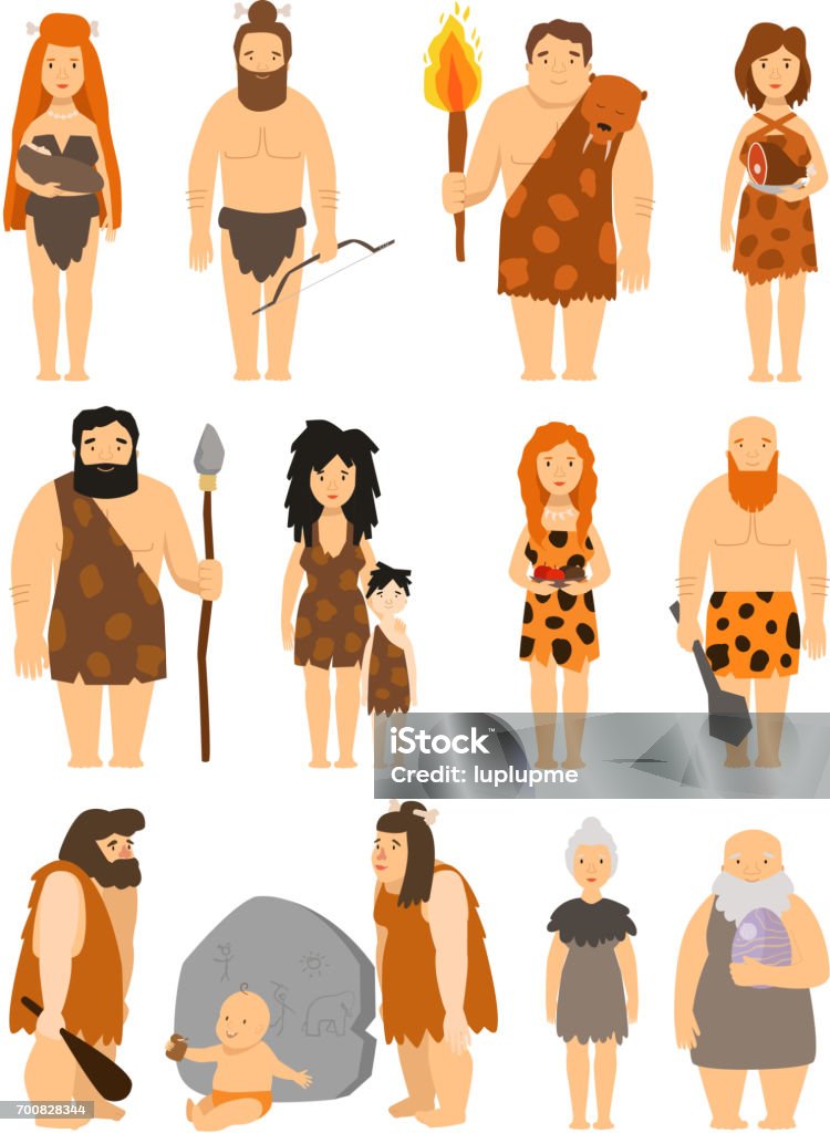 Cartoon primitive people character set vector protoman neanderthal caveman primeval family evolution illustration Cartoon primitive people character set vector protoman neanderthal caveman male evolution illustration. Ancient prehistoric cave man barbarian, human. Primeval family man and woman with baby kid Prehistoric Era stock vector