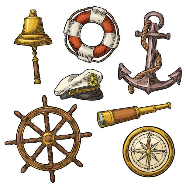 Anchor, wheel, sailing ship, compass rose, spyglass, lighthouse engraving Set sea adventure. Anchor, wheel, compass rose, spyglass, bell, lifebuoy, lighthouse isolated on white background. Vector color vintage engraving illustration. For poster yacht club. bellcaptain stock illustrations