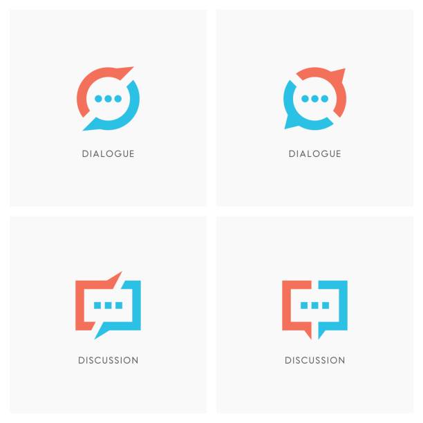 Dialogue and discussion symbol set Dialogue and discussion set. Split chat symbol, two speakers have a conversation  - communication, business and teamwork icons. debate stock illustrations