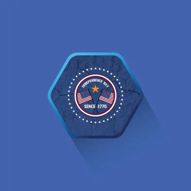Vector illustration of Vector flat hexagon label of Independence Day with texture of cracked ground on the dark blue background.
