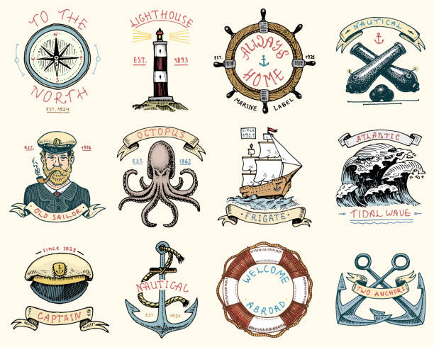 set of engraved vintage, hand drawn, old, labels or badges for atlantic tidal wave, lighthouse and octopus or sea creature, frigate or ship. Marine and nautical or sea, ocean emblems set of engraved vintage, hand drawn, old, labels or badges for atlantic tidal wave, lighthouse and octopus or sea creature, frigate or ship. Marine and nautical or sea, ocean emblems vintage sailor stock illustrations
