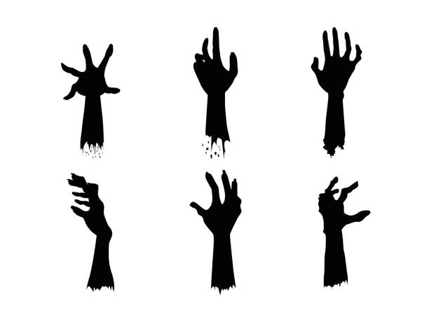 ilustraciones, imágenes clip art, dibujos animados e iconos de stock de set de siluetas de manos de zombie en acción diferentes. - zombie halloween cemetery human hand