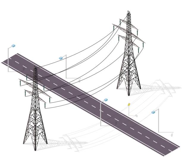 ilustraciones, imágenes clip art, dibujos animados e iconos de stock de carretera para los coches atravesados por líneas de alta tensión, lámparas de calle. infraestructura que se intersecan. - isometric power line electricity electricity pylon