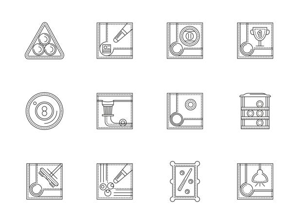 Billiards flat line vector icons set Playing billiard concept. Symbols of pool accessories and equipment - cue, table, triangle with balls, rack and other. Set of black flat line design vector icons. golf online bet stock illustrations