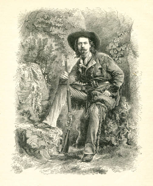 buffalo bill sitzen mit gewehr im wald-wild-west 1877 - loin cloth stock-grafiken, -clipart, -cartoons und -symbole