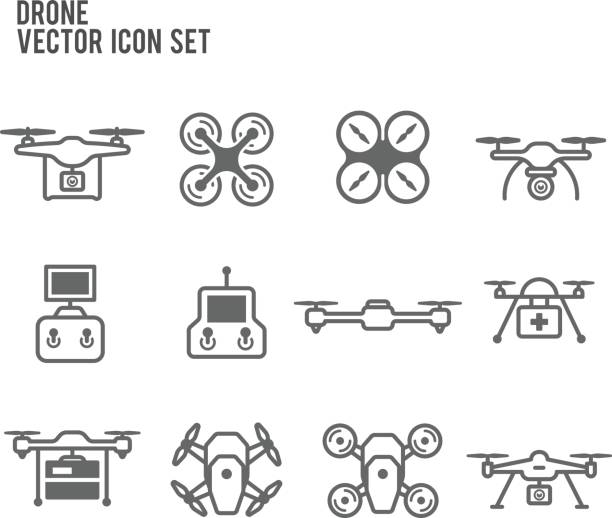 ilustraciones, imágenes clip art, dibujos animados e iconos de stock de drone, un cuadricóptero y mando conjunto de icono vectorial - animal background audio
