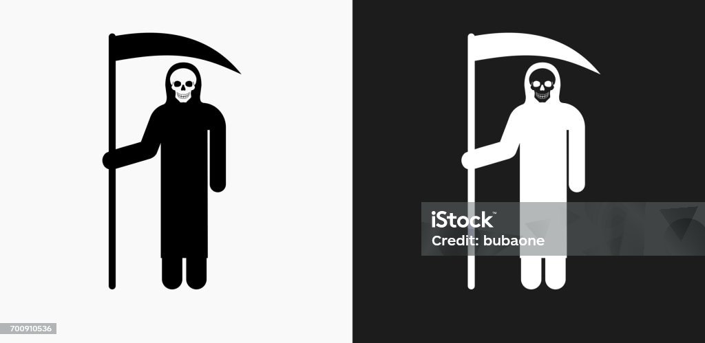 Grim Reaper Holding Scythe Icon on Black and White Vector Backgrounds Grim Reaper Holding Scythe Icon on Black and White Vector Backgrounds. This vector illustration includes two variations of the icon one in black on a light background on the left and another version in white on a dark background positioned on the right. The vector icon is simple yet elegant and can be used in a variety of ways including website or mobile application icon. This royalty free image is 100% vector based and all design elements can be scaled to any size. Black And White stock vector