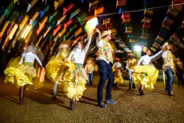 Rio das Flores (Rio de Janeiro), Brazil - June 17, 2017: People of Quadrille dance during a Saint John celebrations in the city of Rio das Flores, southeastern of Brazil. The Quadrilha or Quadrille is a popular  tradition in Brazil, and occurs in the winter months, June and July. The Quadrille is a Dutch dance with Portuguese and English influence.