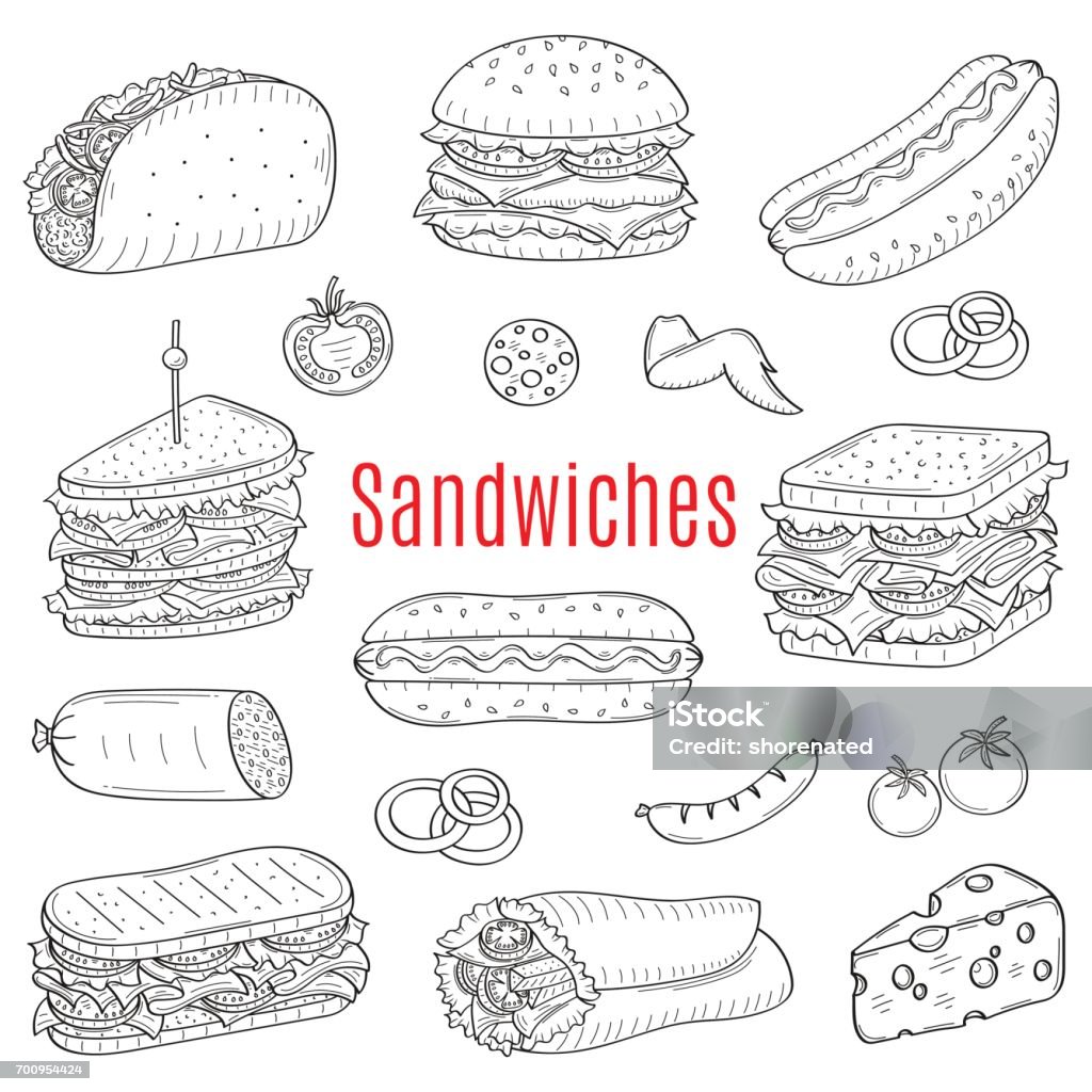 Sandwich set, vector sketch illustration Vector hand drawn illustration of different types of sandwiches, burger, hot dog, club sandwich, taco, hamburger, panini, wrap sandwich isolated on white background, , sketch style. Sandwich stock vector