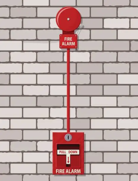 Vector illustration of Fire alarm system at brick wall. Fire equipment.