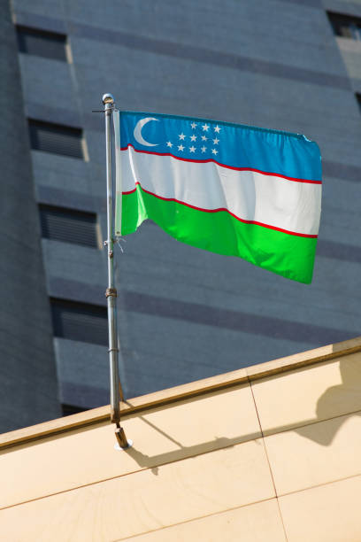 istock Flag or Uzbekistan floating in front of office building 700980400