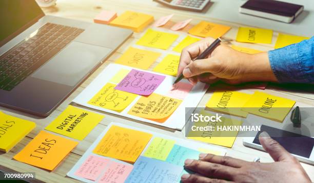 Notepaper With Male Handbusiness Brainstorming And Communication Marketing Plan Concept Stock Photo - Download Image Now