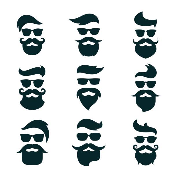 ilustrações, clipart, desenhos animados e ícones de caras descolados monocromático conjunto com diferente barba, óculos, ha - stubble
