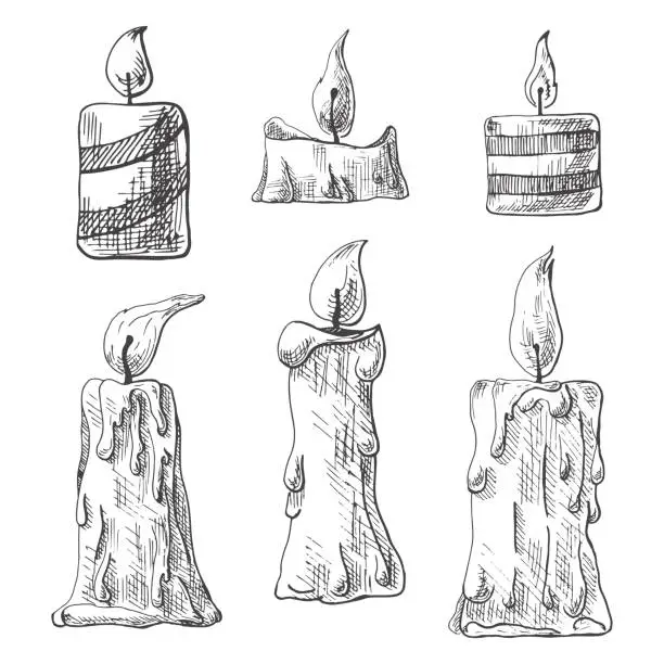 Vector illustration of Hand drawn set of burning candles. Vector illustration of a sketch style.