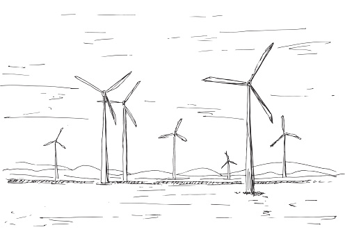 Hand drawn windmills on the background of mountains. Vector illustration of a sketch style.