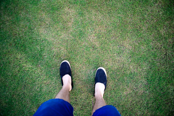 Young man walking on the green grass