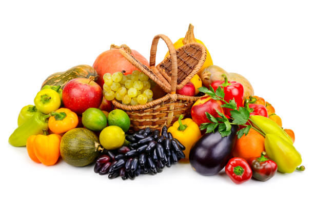 istock Basket with fresh fruits and vegetables isolated on a white background. 701017206