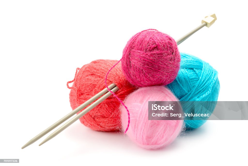 Variety of balls of woolen thread Variety of balls of woolen thread isolated on white background Knitting Stock Photo