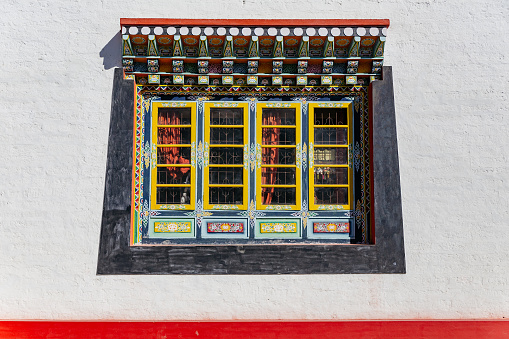 Windows detail of Tibetan Buddhism Temple in Sikkim, India.