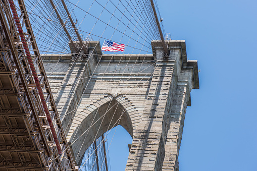 Detail of the top part of the Brooklyn Bridge, New York, USA.