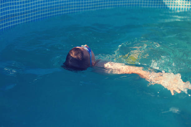 istock Little kid lying back on water in swimming pool 701029346