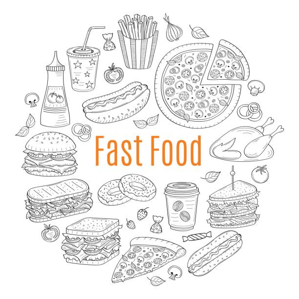illustrations, cliparts, dessins animés et icônes de illustration de croquis de vecteur de fast-food circulaire en forme de - club sandwich picto