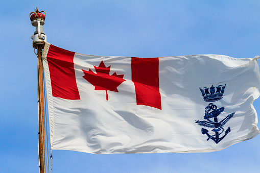 On a white background you can see the red and white flag of Canada with the maple leaf in the center and a blue symbol of the Royal Canadian Navy to the right of the flag.  Also notice the crown on the flag pole. \n\n\n\n