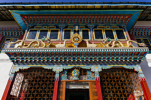 Facade detail of Tibetan Buddhism Temple in Sikkim, India.