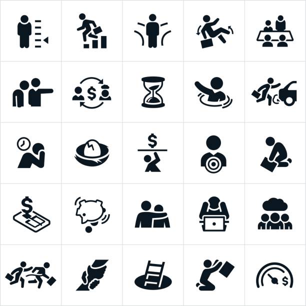 Failing at Business Icons An icon set representing business failures or problems. The icons show situations of business people depressed, saddened, downtrodden, making hard choices, sinking in water, running out of time, failing, in debt and other conceptual themes. face down stock illustrations