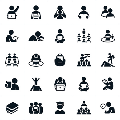An icon set of students studying and learning. The icons also show students being taught by teachers. The icons show students in several different learning situations including the reading of books, study on computers, lectures and the classroom and test taking.