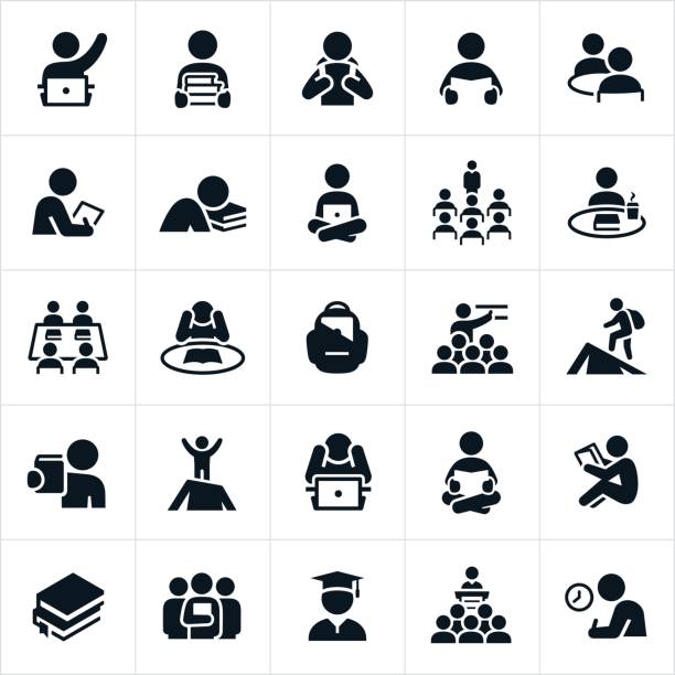 Study and Learning Icons An icon set of students studying and learning. The icons also show students being taught by teachers. The icons show students in several different learning situations including the reading of books, study on computers, lectures and the classroom and test taking. student stock illustrations